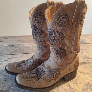 Corral Cross Rose Western Boots Womens 8.5 Distressed Tan Leather R2375